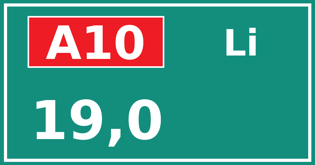 Hectometerbord A10 19,0 zijde Li