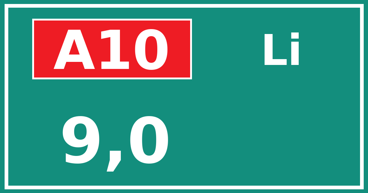 Hectometerbord A10 9,0 zijde Li