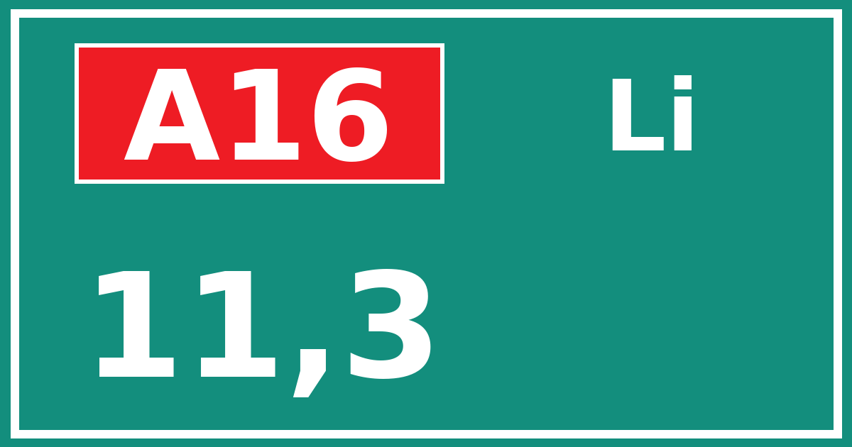 Hectometerbord A16 11,3 zijde Li