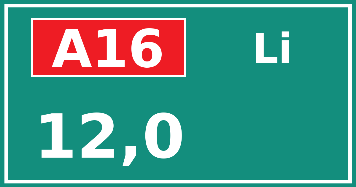 Hectometerbord A16 12,0 zijde Li