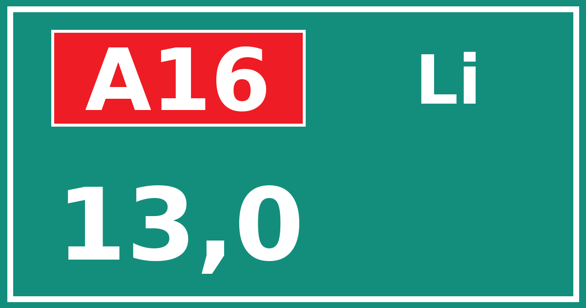 Hectometerbord A16 13,0 zijde Li
