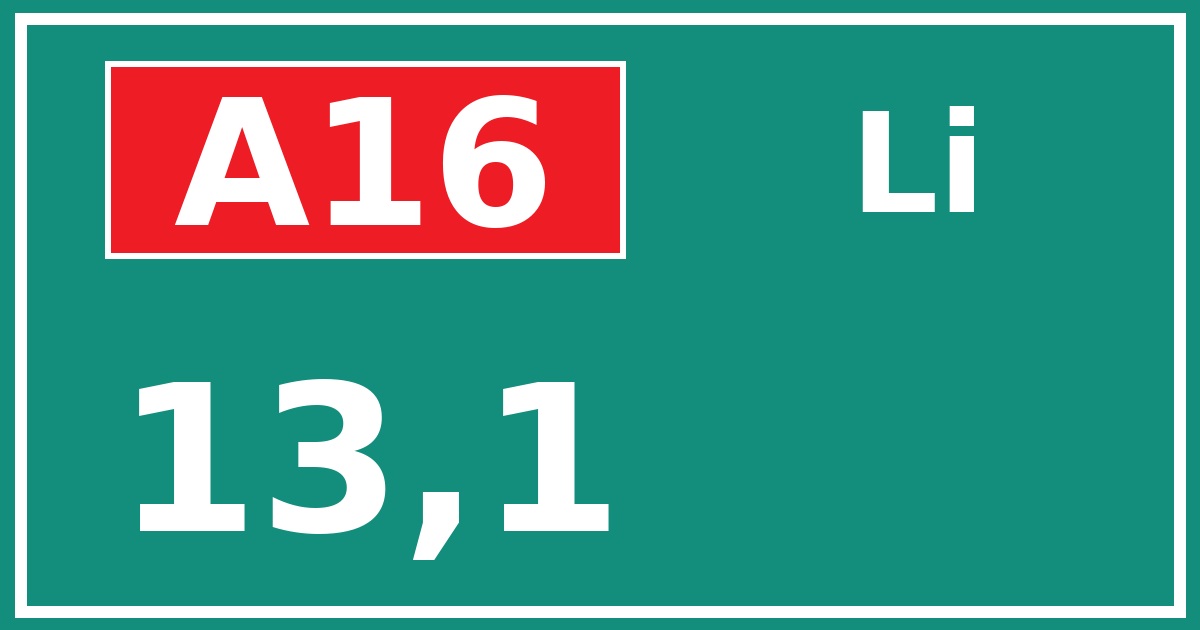 Hectometerbord A16 13,1 zijde Li