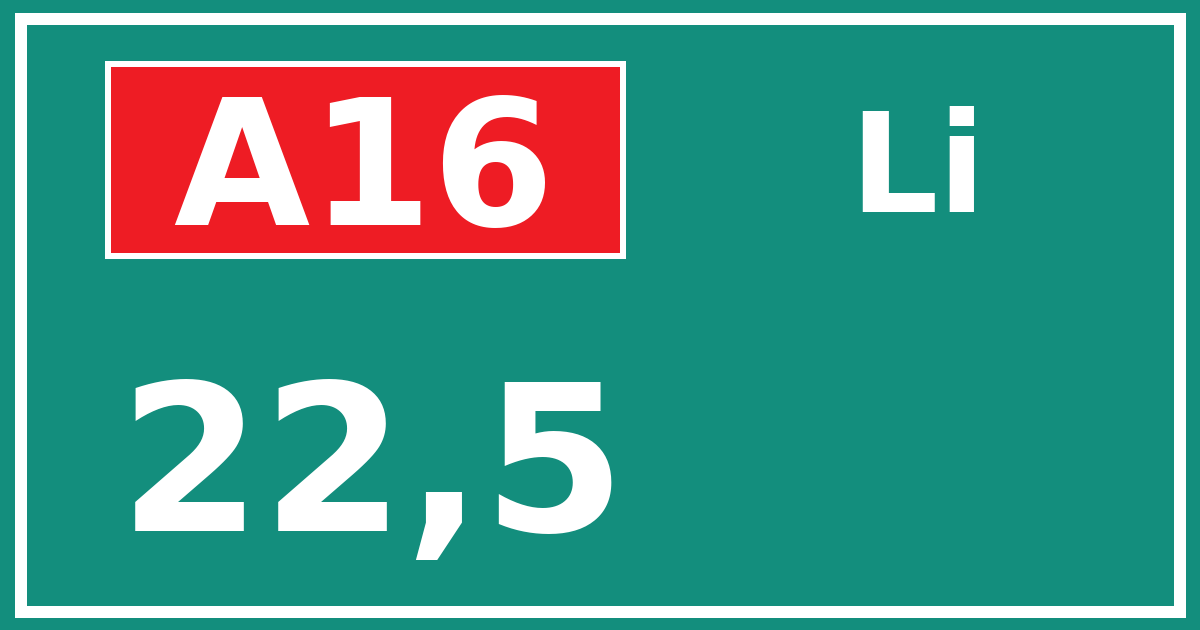 Hectometerbord A16 22,5 zijde Li