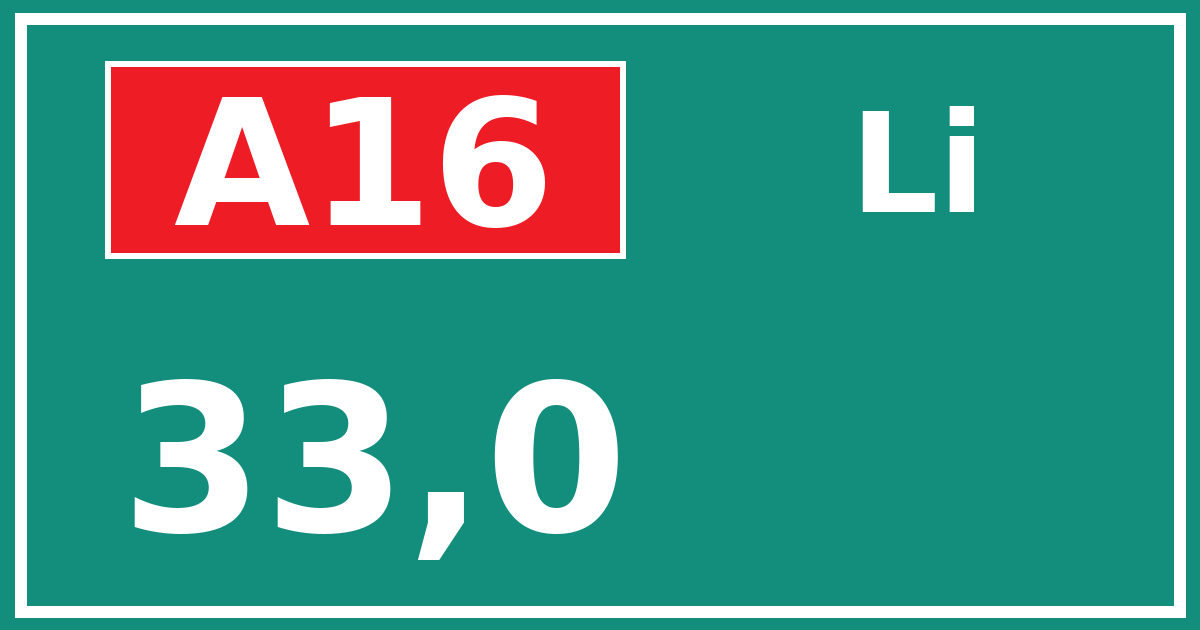 Hectometerbord A16 33,0 zijde Li
