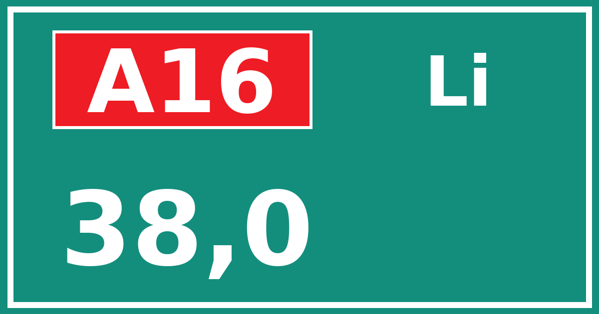 Hectometerbord A16 38,0 zijde Li