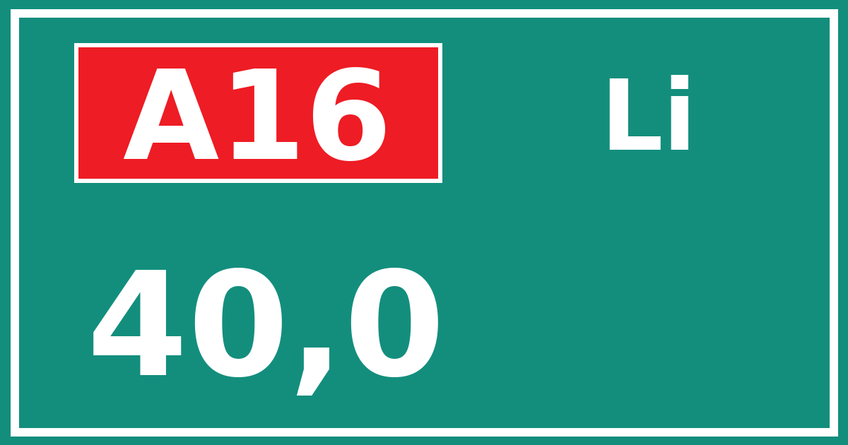 Hectometerbord A16 40,0 zijde Li