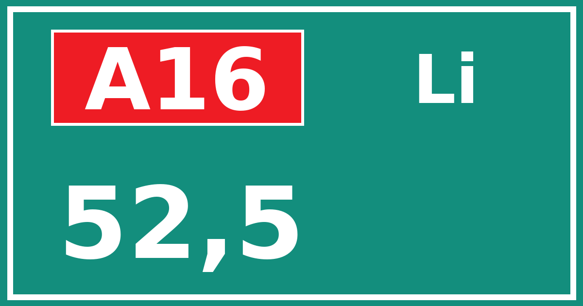 Hectometerbord A16 52,5 zijde Li