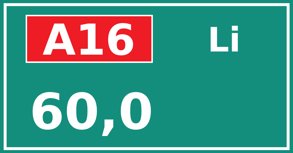 Hectometerbord A16 60,0 zijde Li