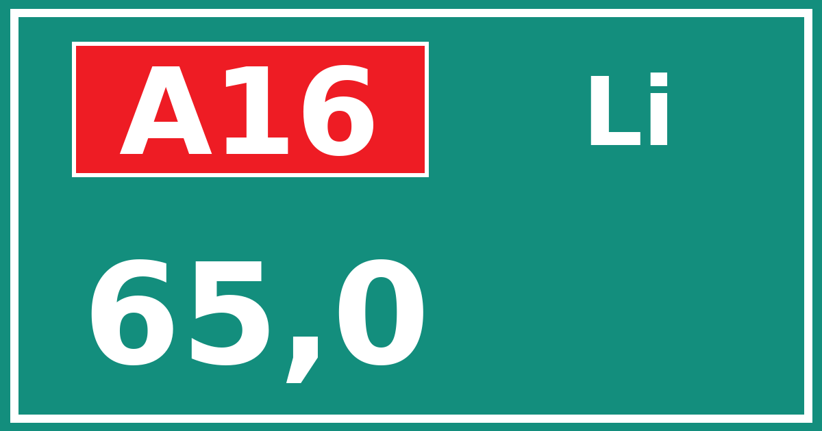 Hectometerbord A16 65,0 zijde Li