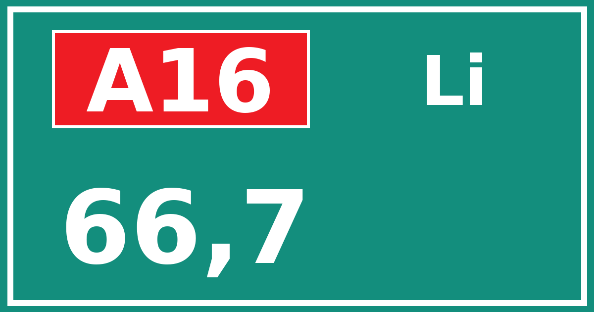 Hectometerbord A16 66,7 zijde Li