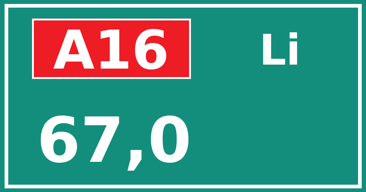 Hectometerbord A16 67,0 zijde Li
