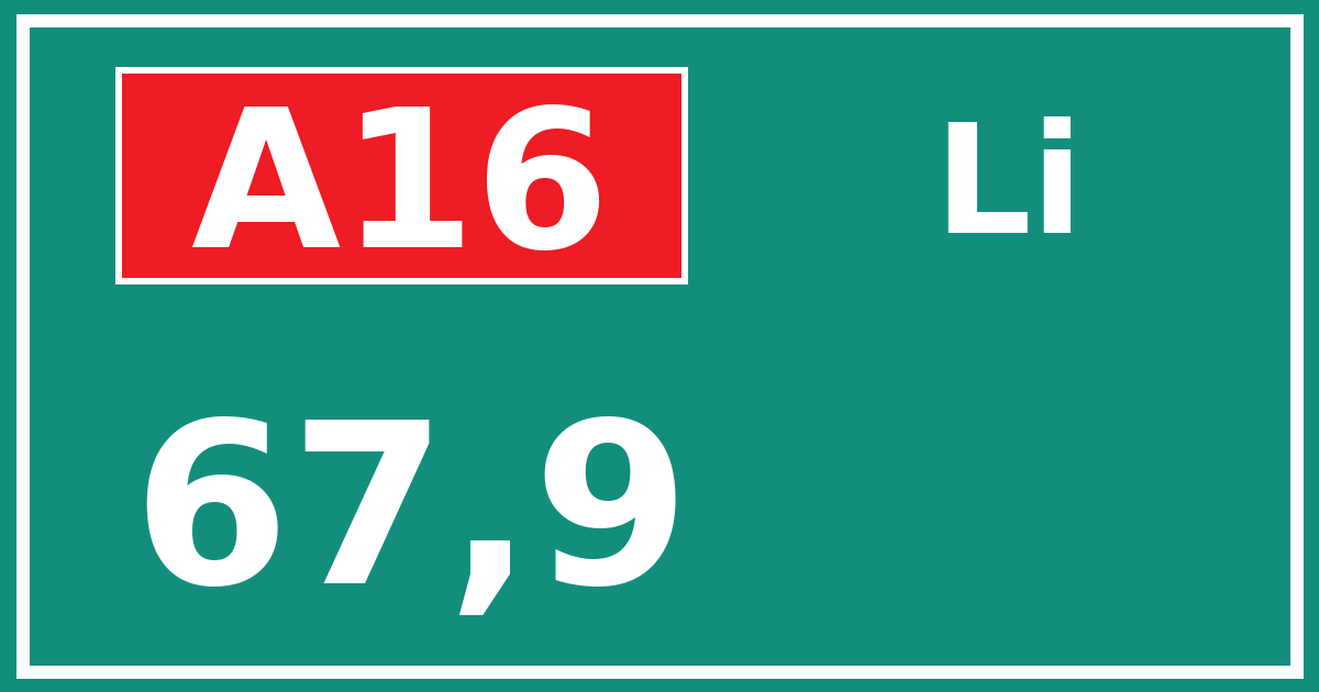 Hectometerbord A16 67,9 zijde Li