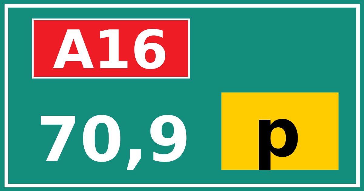Hectometerbord A16 70,9 letter p
