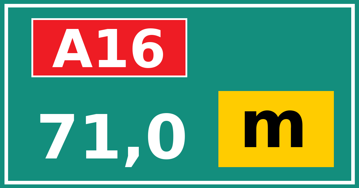 Hectometerbord A16 71,0 letter m