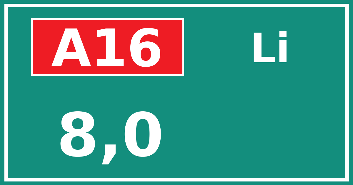 Hectometerbord A16 8,0 zijde Li