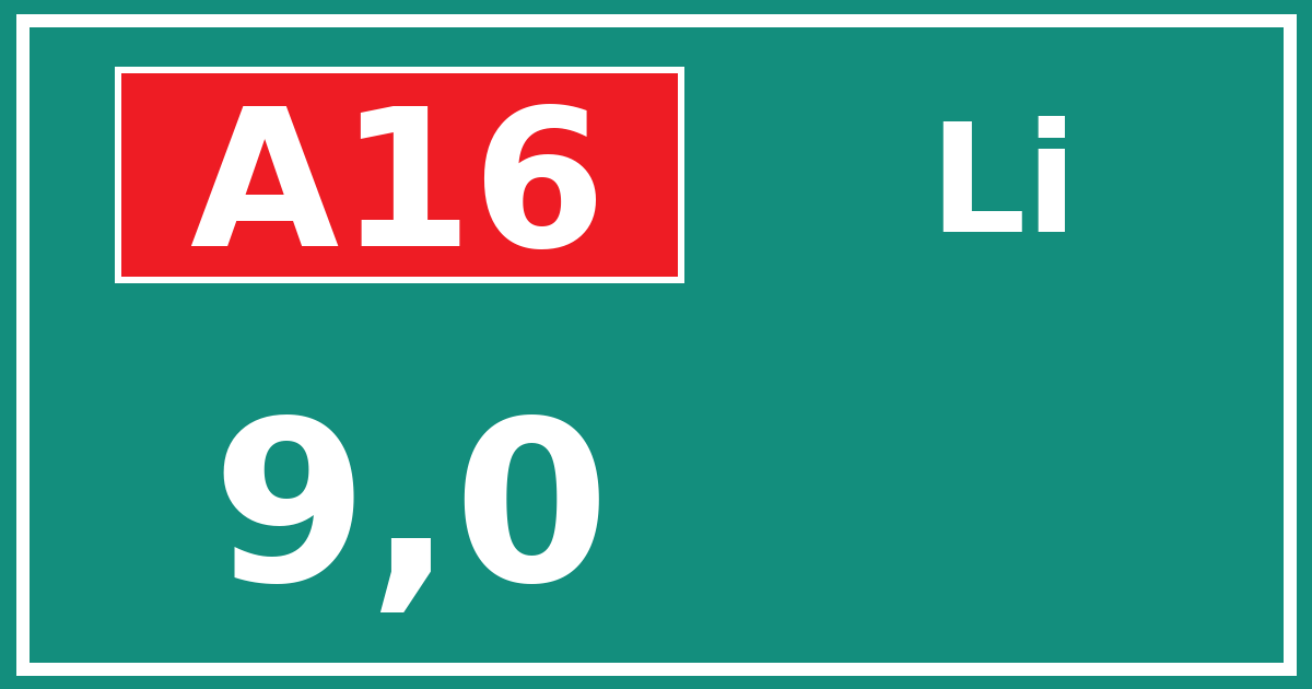 Hectometerbord A16 9,0 zijde Li