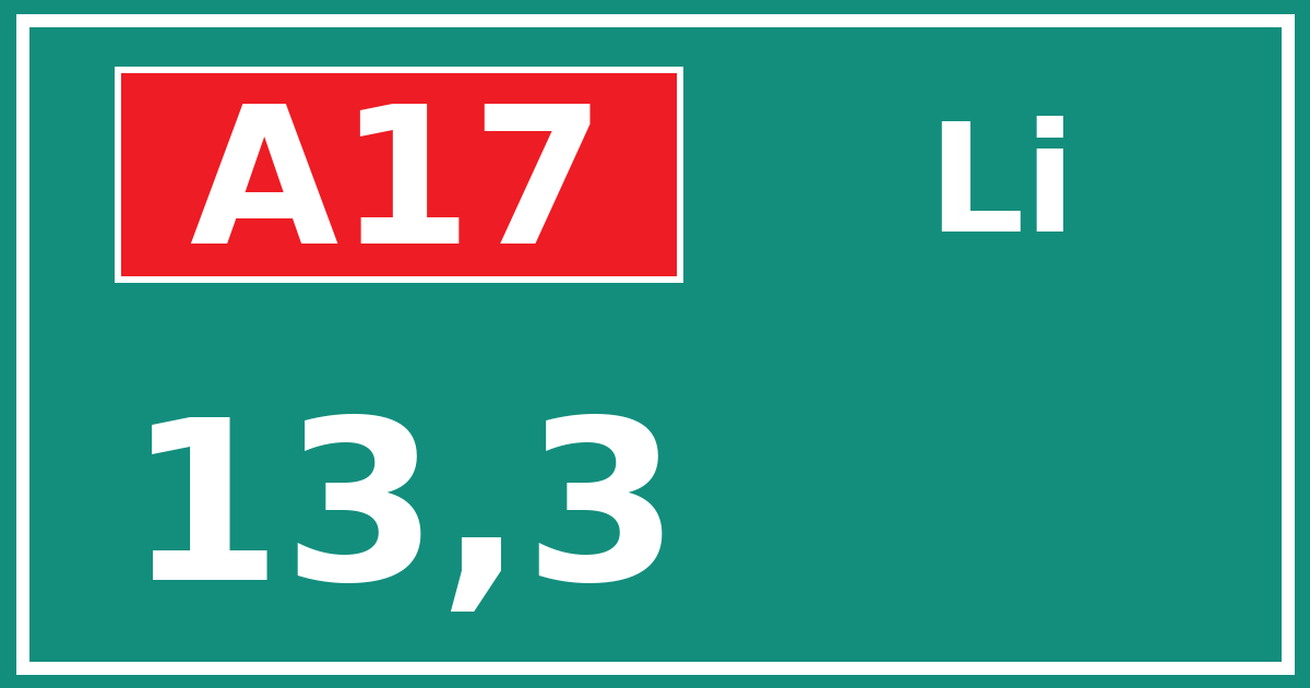 Hectometerbord A17 13,3 zijde Li