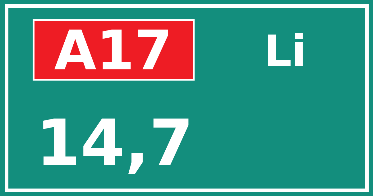 Hectometerbord A17 14,7 zijde Li