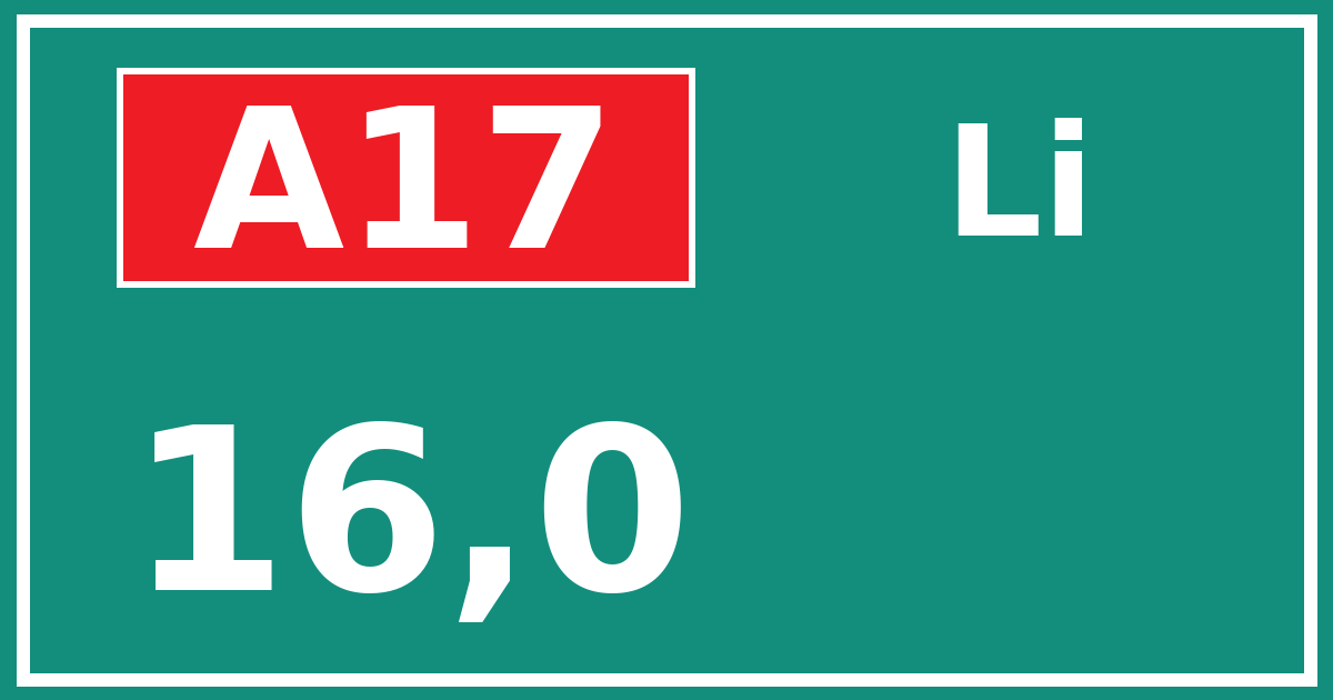 Hectometerbord A17 16,0 zijde Li