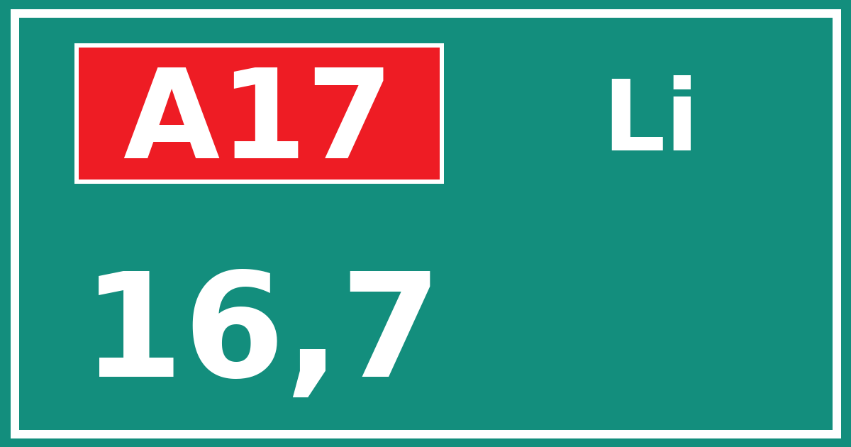Hectometerbord A17 16,7 zijde Li