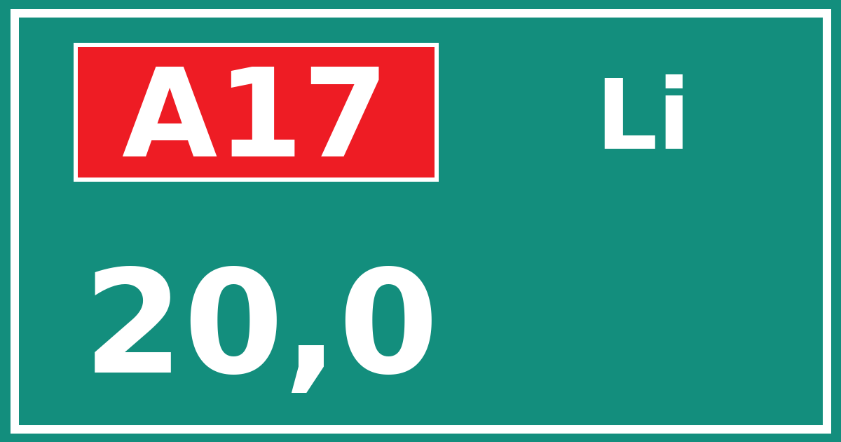 Hectometerbord A17 20,0 zijde Li