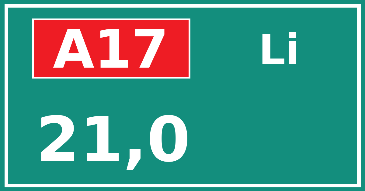 Hectometerbord A17 21,0 zijde Li