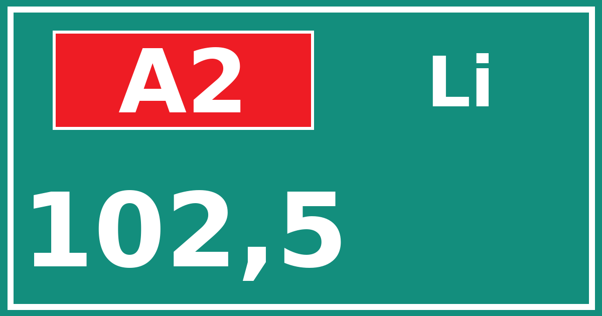 Hectometerbord A2 102,5 zijde Li