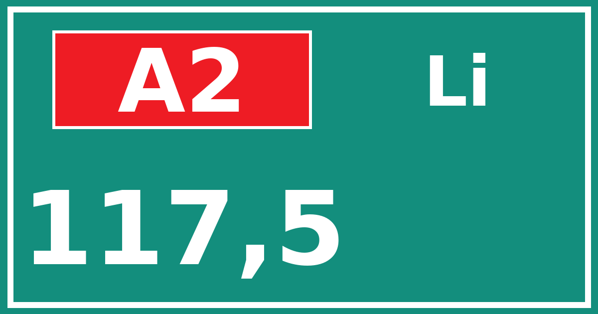 Hectometerbord A2 117,5 zijde Li