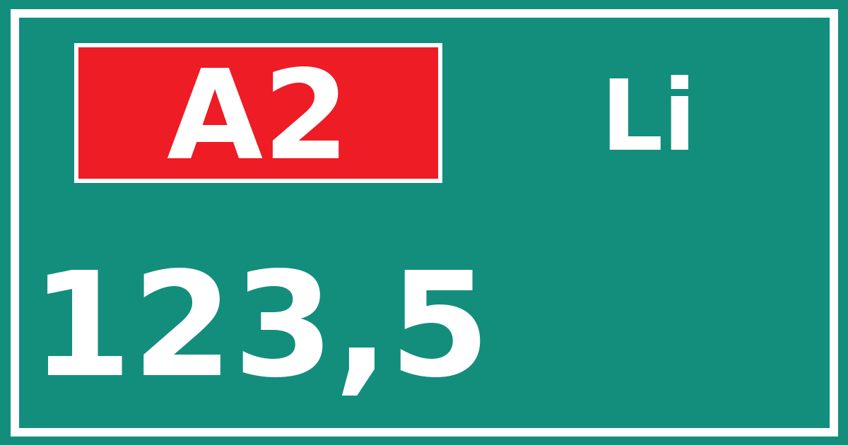 Hectometerbord A2 123,5 zijde Li