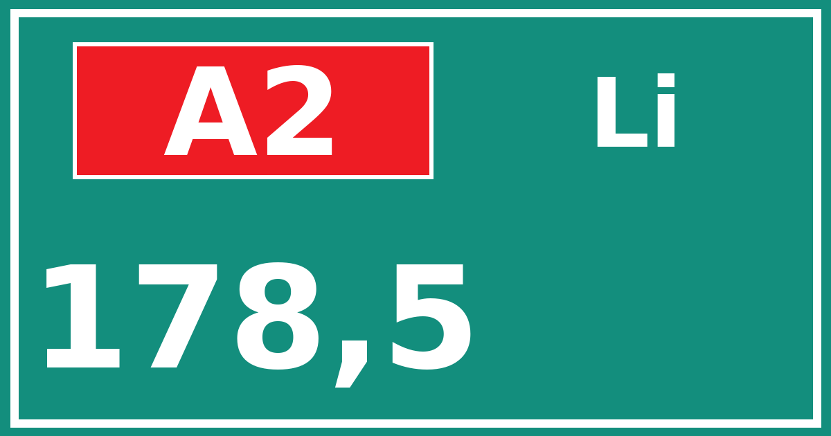 Hectometerbord A2 178,5 zijde Li