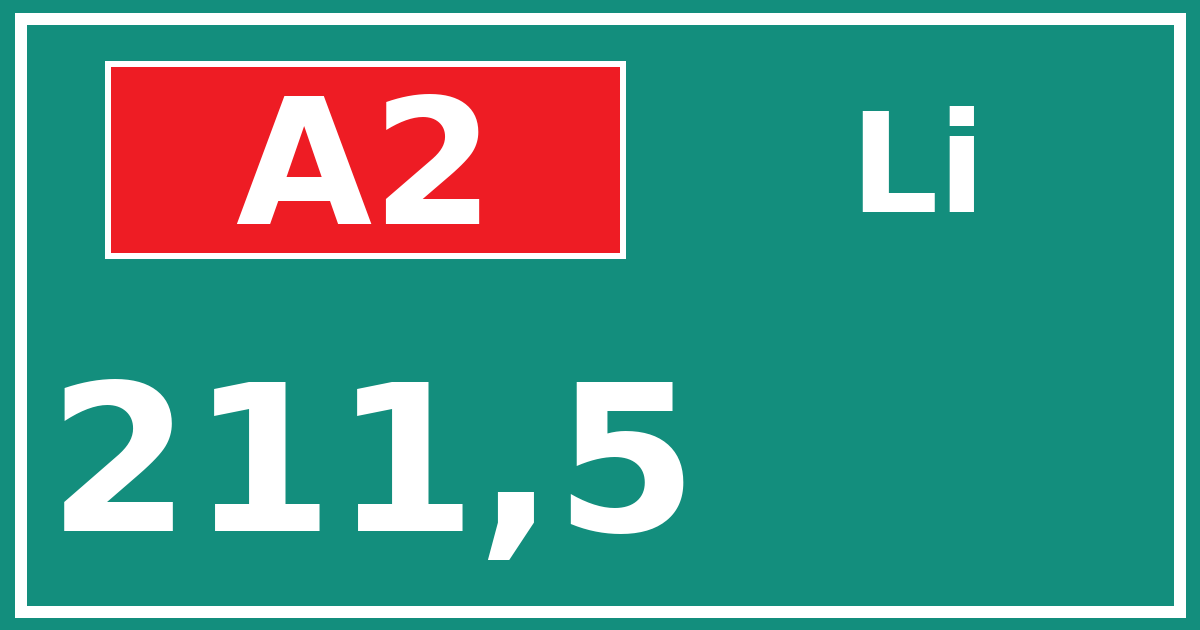 Hectometerbord A2 211,5 zijde Li