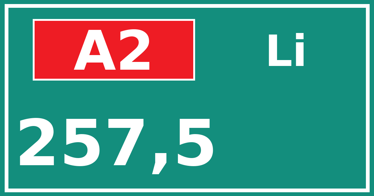 Hectometerbord A2 257,5 zijde Li