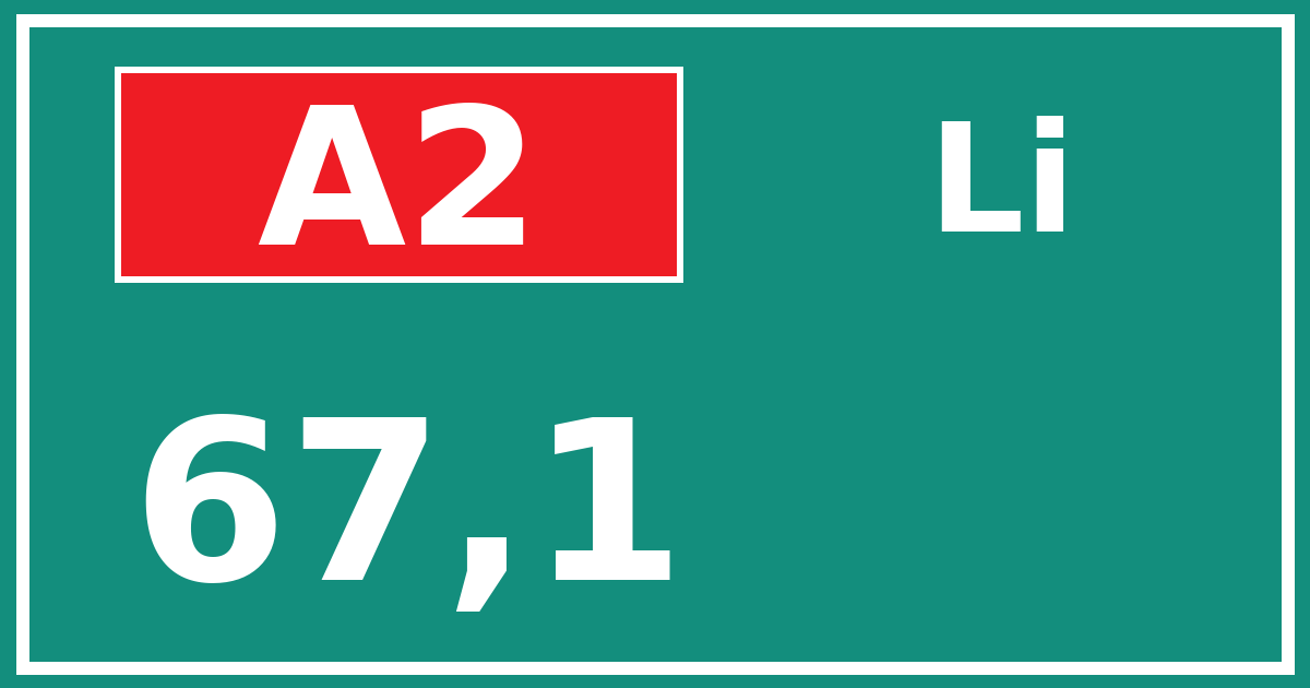 Hectometerbord A2 67,1 zijde Li