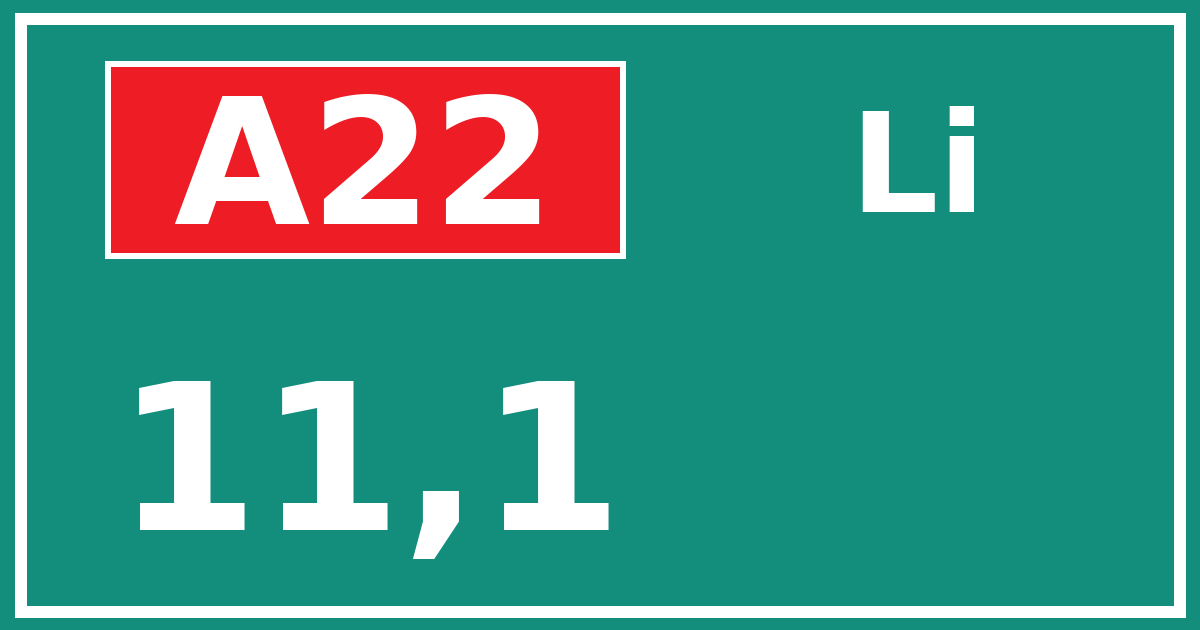 Hectometerbord A22 11,1 zijde Li