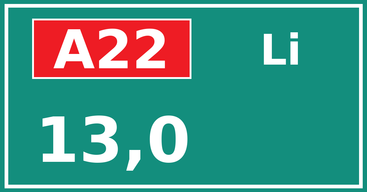Hectometerbord A22 13,0 zijde Li