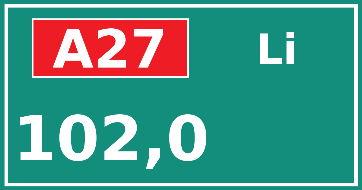 Hectometerbord A27 102,0 zijde Li