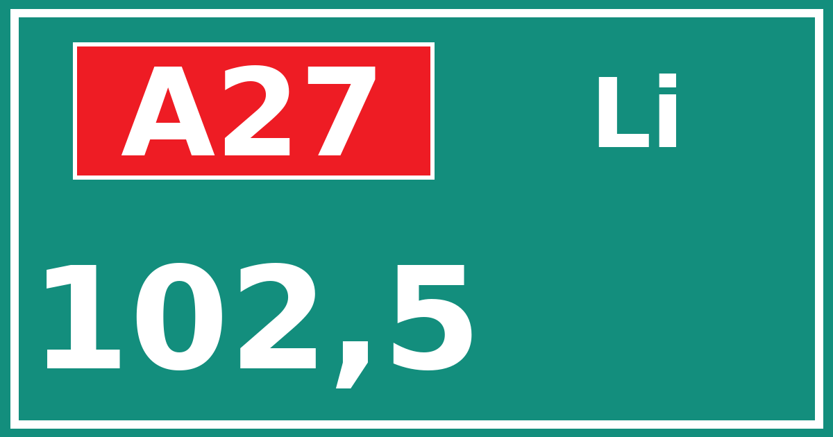 Hectometerbord A27 102,5 zijde Li