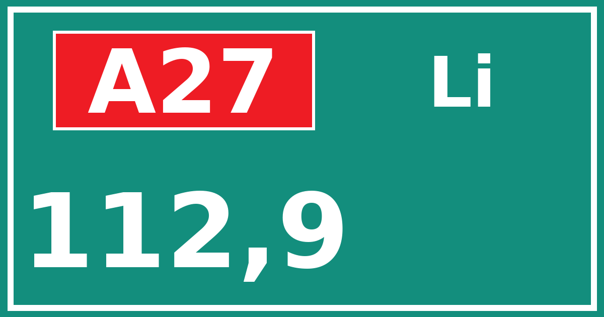 Hectometerbord A27 112,9 zijde Li
