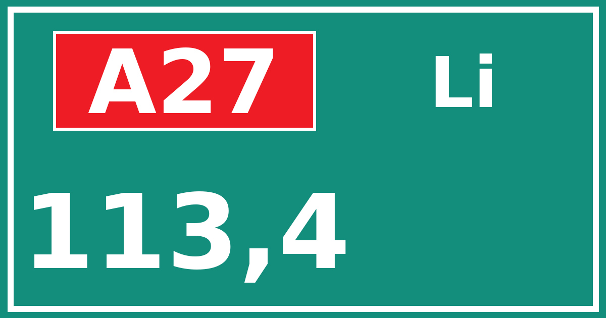 Hectometerbord A27 113,4 zijde Li