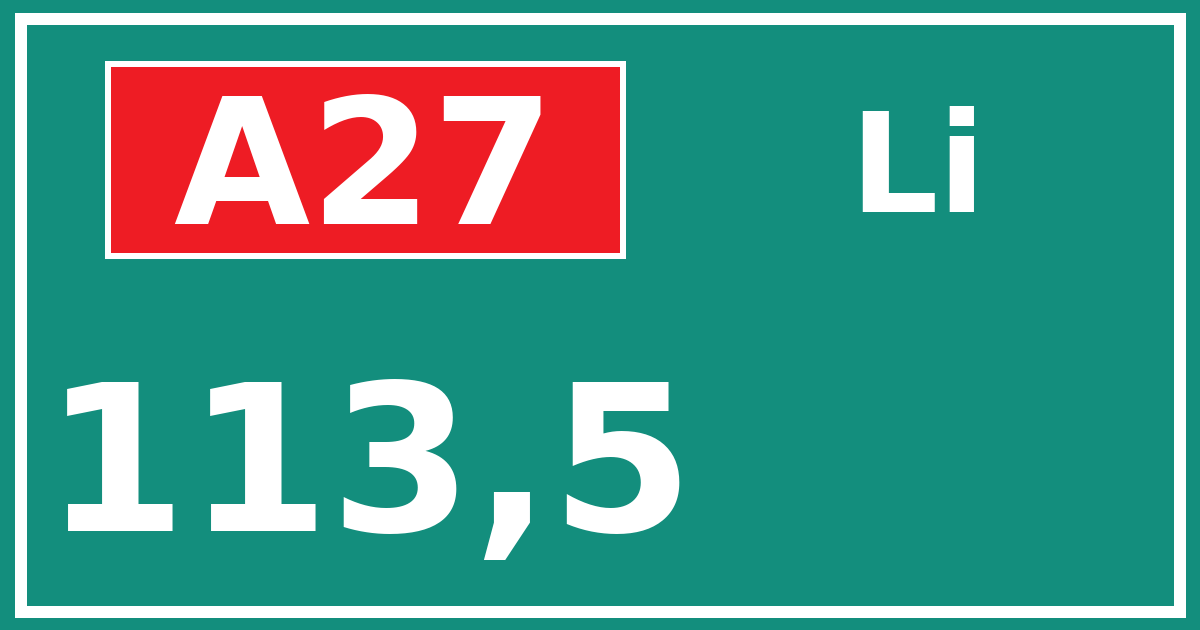 Hectometerbord A27 113,5 zijde Li