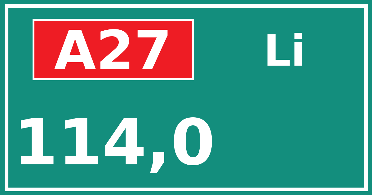 Hectometerbord A27 114,0 zijde Li