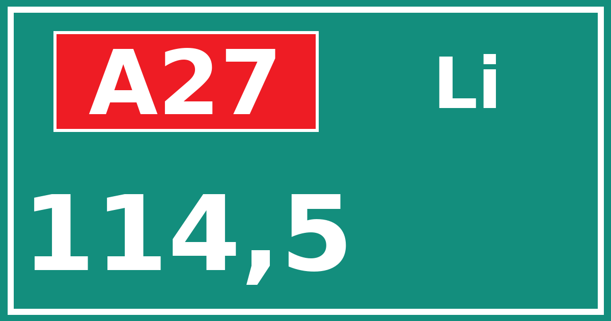 Hectometerbord A27 114,5 zijde Li