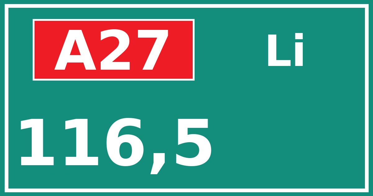 Hectometerbord A27 116,5 zijde Li