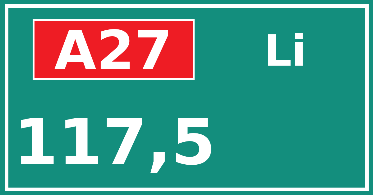 Hectometerbord A27 117,5 zijde Li