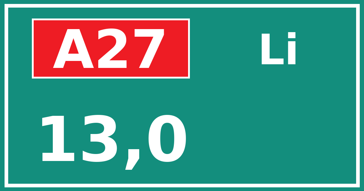 Hectometerbord A27 13,0 zijde Li
