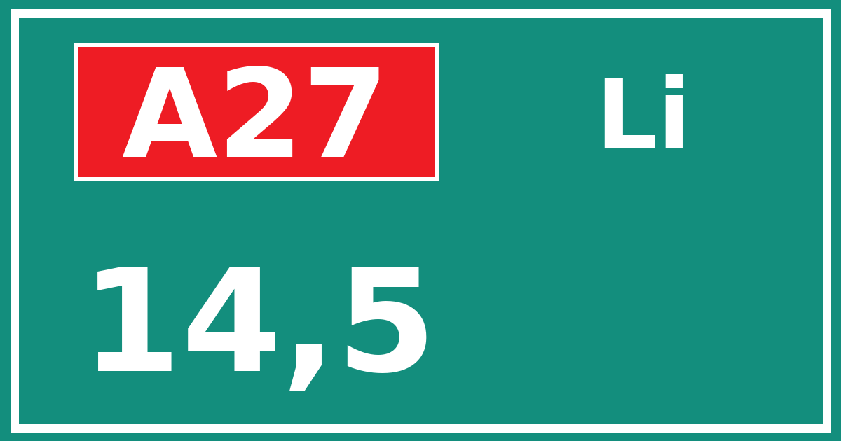 Hectometerbord A27 14,5 zijde Li