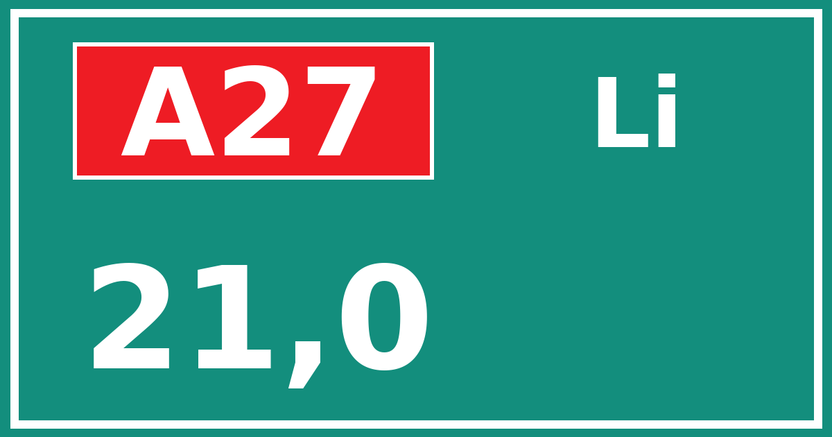 Hectometerbord A27 21,0 zijde Li