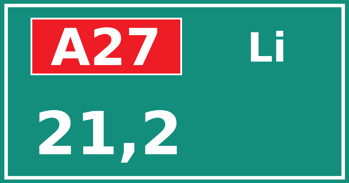 Hectometerbord A27 21,2 zijde Li