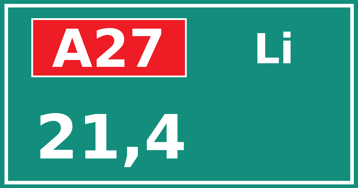 Hectometerbord A27 21,4 zijde Li