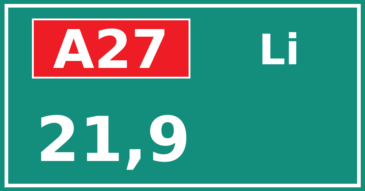 Hectometerbord A27 21,9 zijde Li